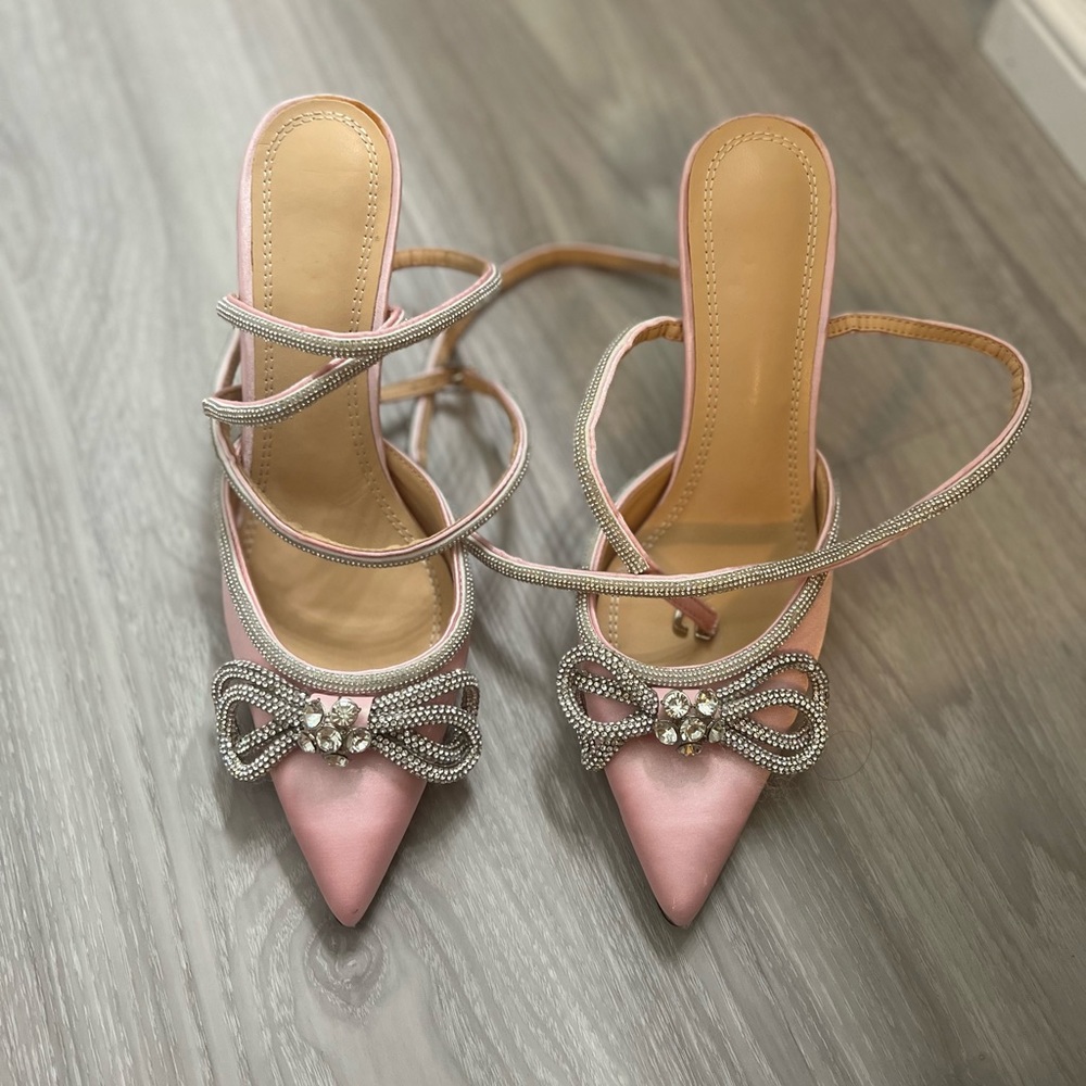 Pink satin ankle wrap rhinestone heel size 8.5